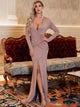 Glamaker Plunging Neck Ruched Wrap Front Split Mermaid Dress
