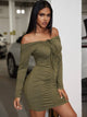 Solid Ruched Tie Front Bardot Dress