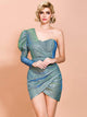 Missord One Shoulder Gigot Sleeve Glitter Wrap Dress