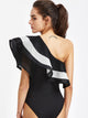 One Shoulder Layered Ruffle Trim Bodysuit