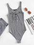 Lace Up Front Rib Knit Heathered Bodysuit