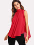 Neon Orange Tie Back Mock-neck Asymmetrical Hem Blouse