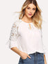 Tie Neck Guipure Lace Sleeve Top
