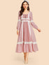 Guipure Lace Trim Lace-Up Striped Smock Dress