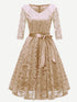 Ribbon Tie Guipure Lace Overlay Flare Dress