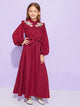 Girls Frill Trim Appliques Belted Maxi Dress