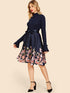 50s Frill Neck Self Belt Flared Floral Dress