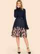 50s Frill Neck Self Belt Flared Floral Dress