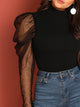 Mesh Puff Sleeve Mock Neck Top