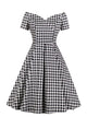 50s Off-The-Shoulder Gingham Flared Dress