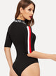 Letter Print Mock Neck Striped Sleeve Bodysuit