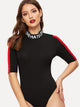 Letter Print Mock Neck Striped Sleeve Bodysuit