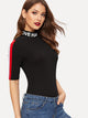 Letter Print Mock Neck Striped Sleeve Bodysuit