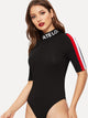 Letter Print Mock Neck Striped Sleeve Bodysuit
