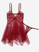 Contrast Lace Asymmetrical Sheer Slips With Thong