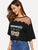 Mesh Yoke Cat & Letter Print Scalloped Tee