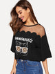 Mesh Yoke Cat & Letter Print Scalloped Tee