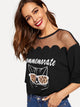 Mesh Yoke Cat & Letter Print Scalloped Tee