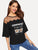 Mesh Yoke Cat & Letter Print Scalloped Tee