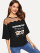 Mesh Yoke Cat & Letter Print Scalloped Tee
