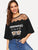 Mesh Yoke Cat & Letter Print Scalloped Tee