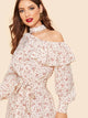 90s Flounce Cutout Shoulder Dot Print Belted Dress