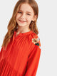 Girls Half Placket Flower Embroidered Crinkle Maxi Dress