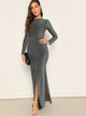 Open Back Split Hem Glitter Prom Dress