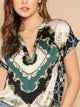 Curved Hem Scarf Print V Neck Top