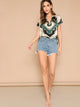 Curved Hem Scarf Print V Neck Top