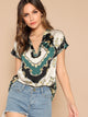 Curved Hem Scarf Print V Neck Top