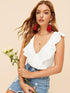 Plunging Neck Ruffle Trim Lace Up Back Bodysuit