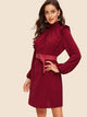 Frilled Trim Blouson Sleeve Belted Dress
