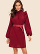 Frilled Trim Blouson Sleeve Belted Dress