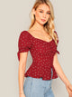 Button Through Shirred Heart Print Peplum Top