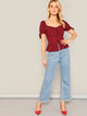 Button Through Shirred Heart Print Peplum Top