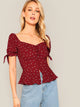 Button Through Shirred Heart Print Peplum Top