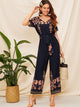 Double V Neck Floral Belted Jumpsuit