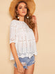 Scallop Hem Schiffy Eyelet Smock Blouse