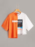 Mixed Print Two Tone Asymmetrical Neon Tee