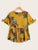 Plants Print Knot Cuff Ruffle Hem Blouse