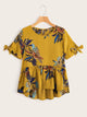 Plants Print Knot Cuff Ruffle Hem Blouse