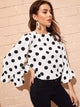 Keyhole Back Bell Sleeve Polka Dot Blouse