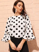 Keyhole Back Bell Sleeve Polka Dot Blouse