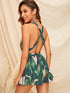 Crisscross Tie Back Tassel Drawstring Tropical Romper