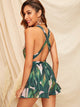 Crisscross Tie Back Tassel Drawstring Tropical Romper