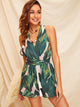 Crisscross Tie Back Tassel Drawstring Tropical Romper