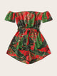 Off Shoulder Tie Front Tropical Romper