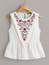 Ruffle Trim Embroidery Print Peplum Top
