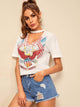 Eagle & Letter Print V-cut Choker Tee